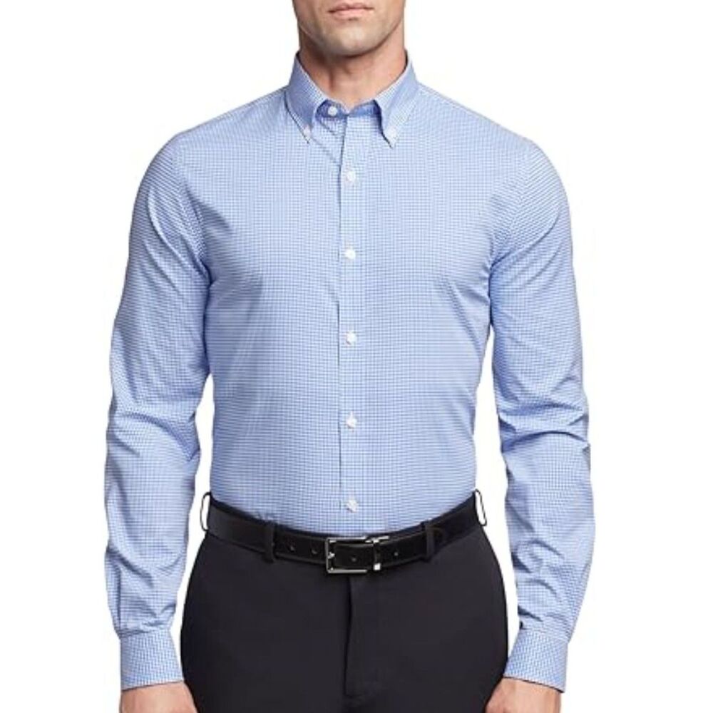 Tommy Hilfiger Slim Fit Blue and White Non Iron Button Down Shirt Sz 17.5 32/33